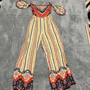 Flying Tomatoe Jumpsuit Womens Medium Cut Out Sides Wide Pants Aztec Lightweight